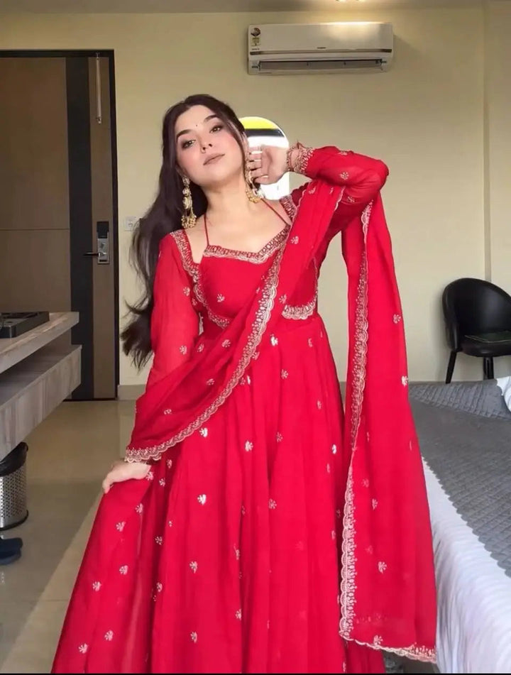 Ruby Red Embroidered Anarkali Gown for Women