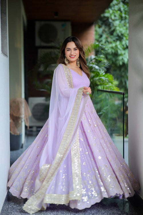 Lavender Sequin Embellished Anarkali Gown Set with Net Dupatta
