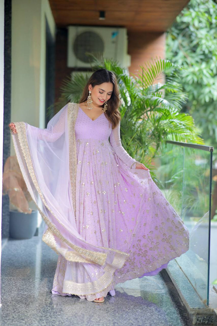 Lavender Sequin Embellished Anarkali Gown Set with Net Dupatta