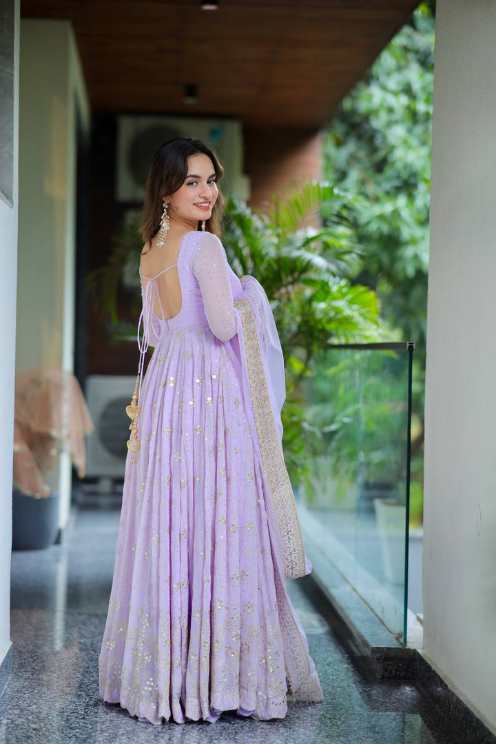 Lavender Sequin Embellished Anarkali Gown Set with Net Dupatta
