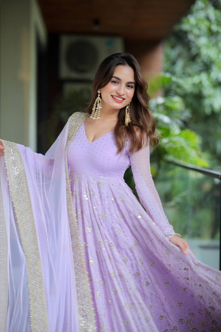 Lavender Sequin Embellished Anarkali Gown Set with Net Dupatta