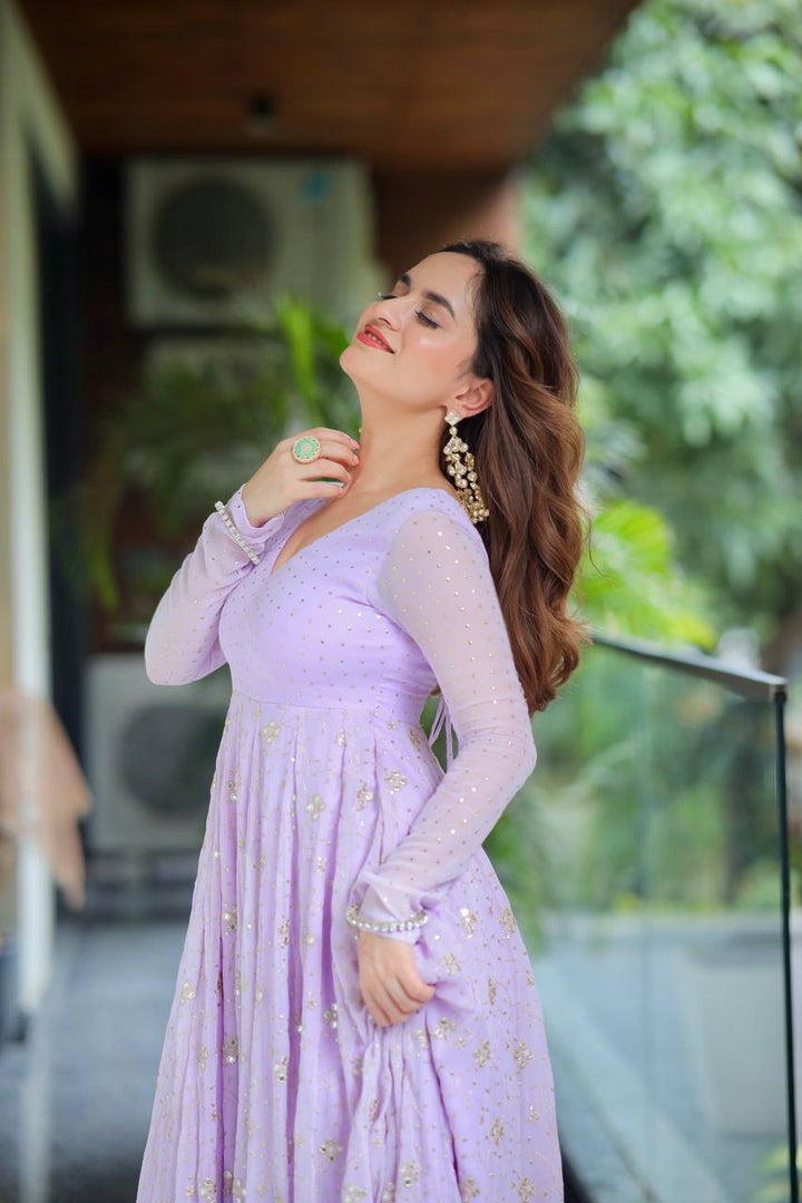 Lavender Sequin Embellished Anarkali Gown Set with Net Dupatta