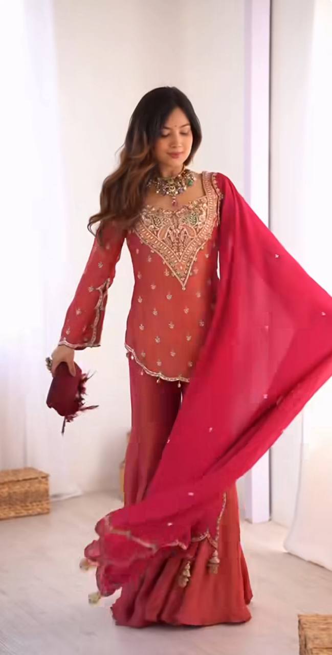 Rose Pink Embroidered Palazzo Suit Set with Chiffon Dupatta