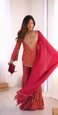 Rose Pink Embroidered Palazzo Suit Set with Chiffon Dupatta