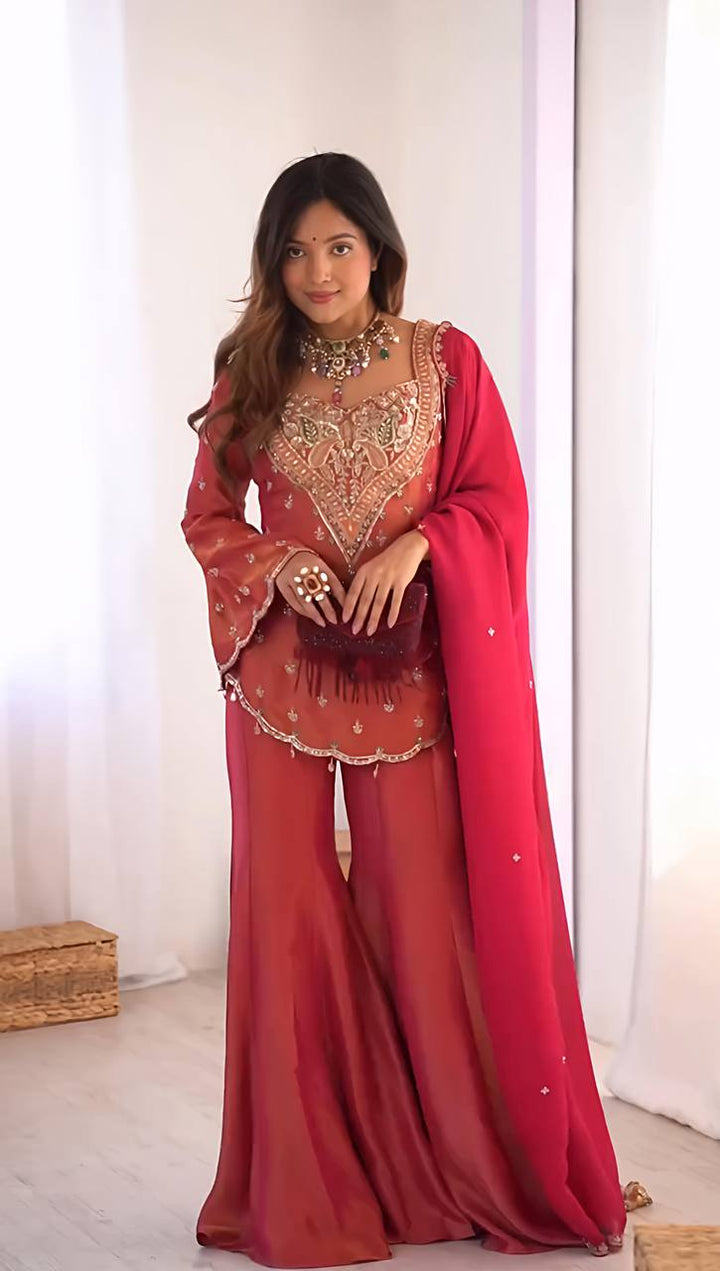 Rose Pink Embroidered Palazzo Suit Set with Chiffon Dupatta