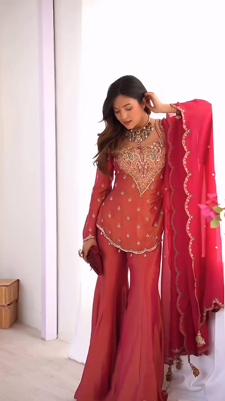 Rose Pink Embroidered Palazzo Suit Set with Chiffon Dupatta