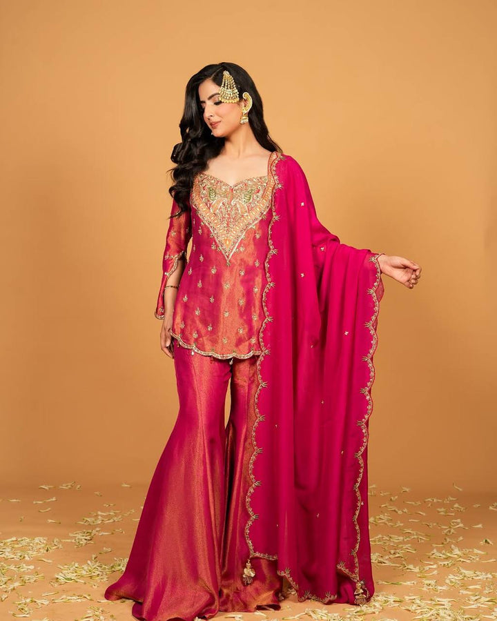 Fuchsia Pink Embroidered Gharara Suit Set with Designer Dupatta