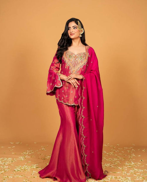 Fuchsia Pink Embroidered Gharara Suit Set with Designer Dupatta