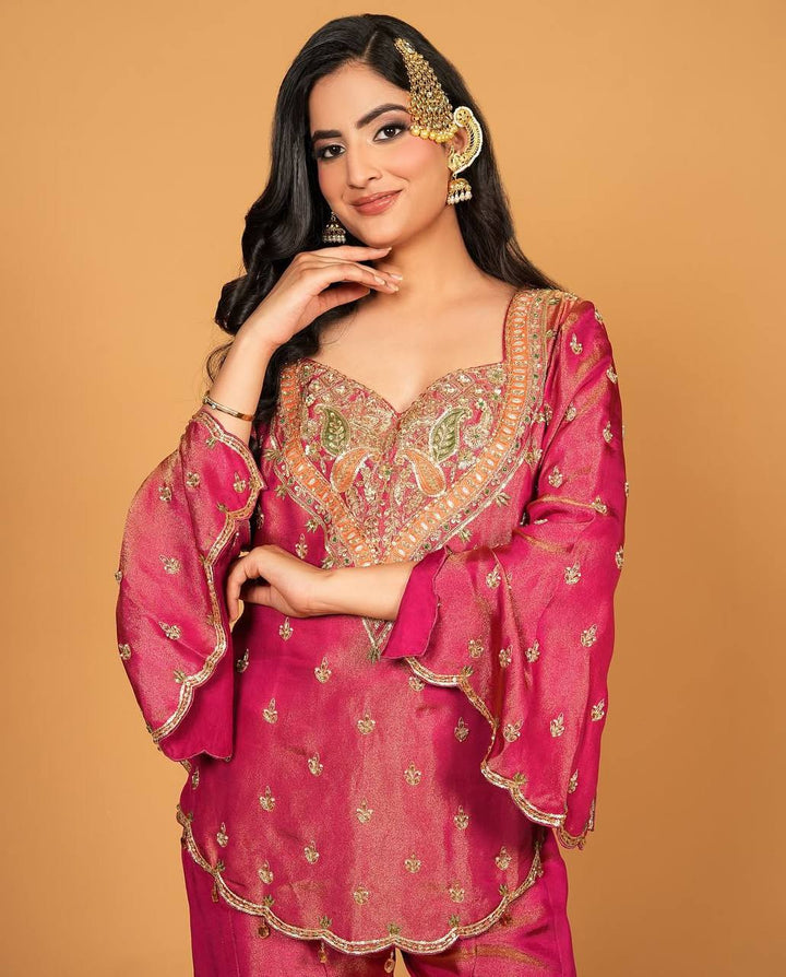 Fuchsia Pink Embroidered Gharara Suit Set with Designer Dupatta