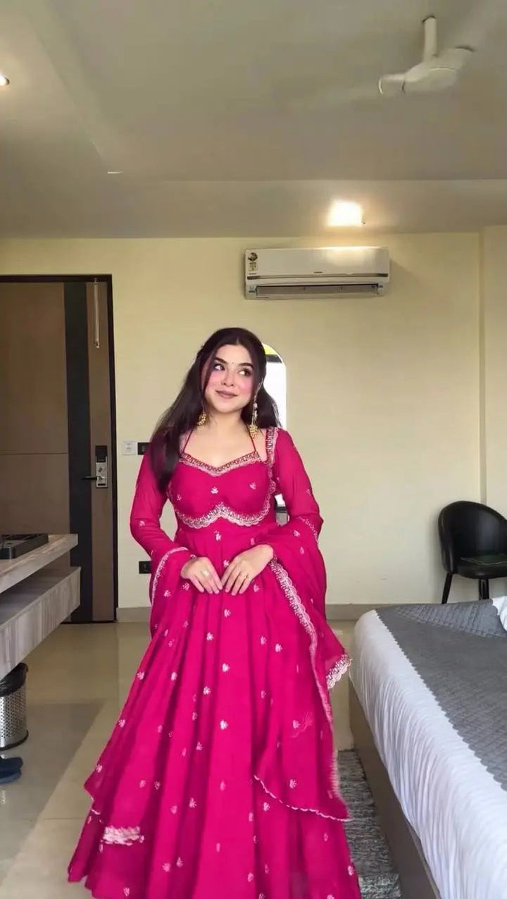 Hot Pink Embroidered Anarkali Gown Set with Dupatta