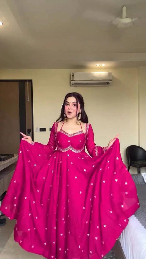 Hot Pink Embroidered Anarkali Gown Set with Dupatta