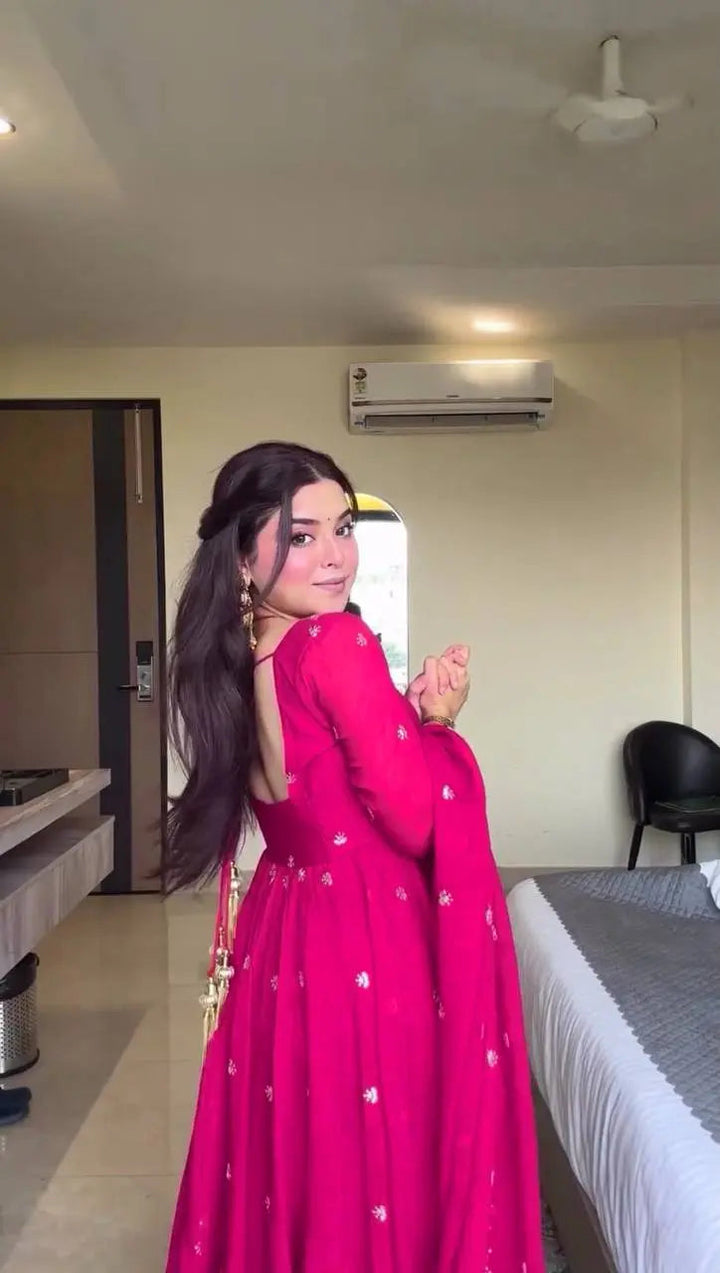 Hot Pink Embroidered Anarkali Gown Set with Dupatta