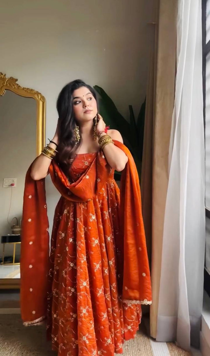 Burnt Orange Floral Embroidered Anarkali Gown Set with Dupatta