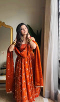 Burnt Orange Floral Embroidered Anarkali Gown Set with Dupatta
