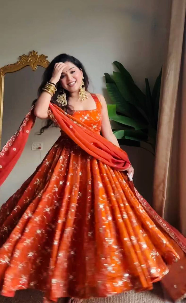 Burnt Orange Floral Embroidered Anarkali Gown Set with Dupatta