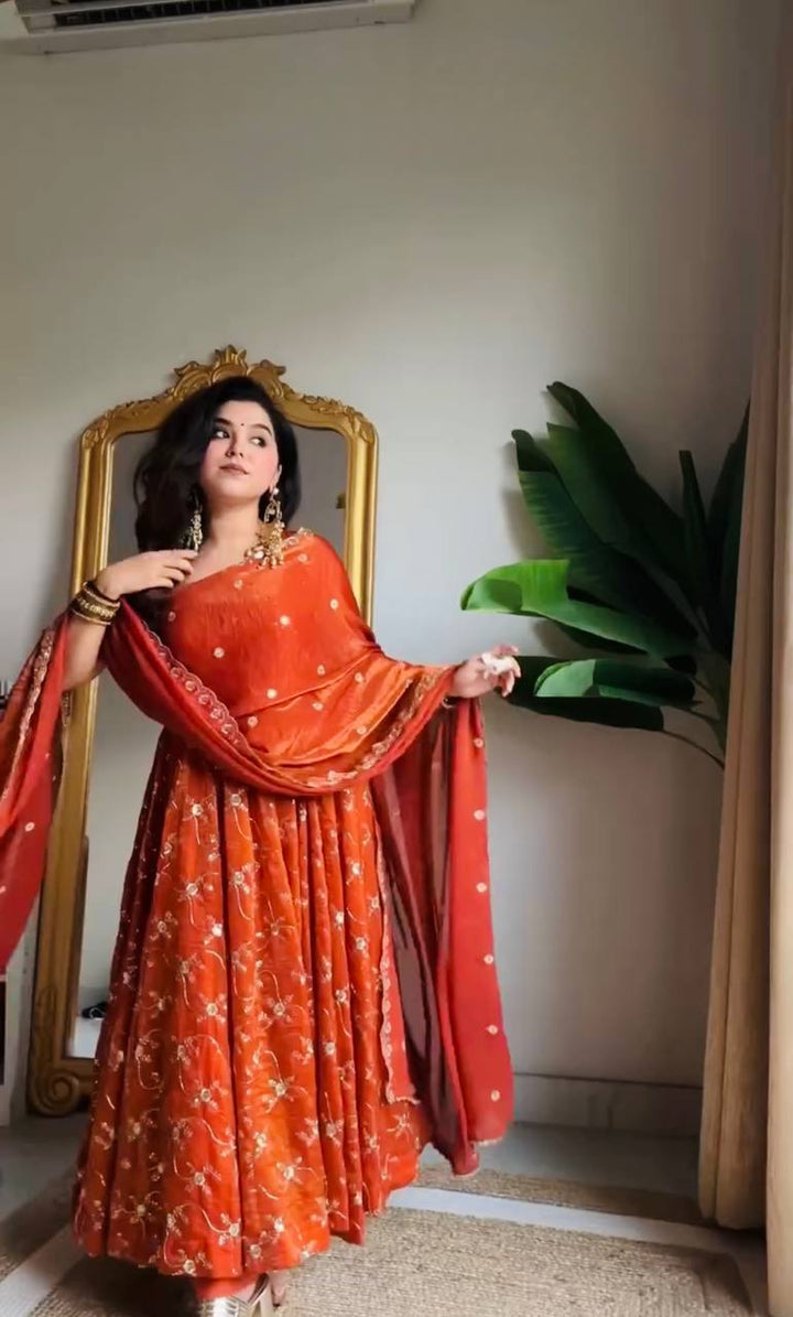 Burnt Orange Floral Embroidered Anarkali Gown Set with Dupatta