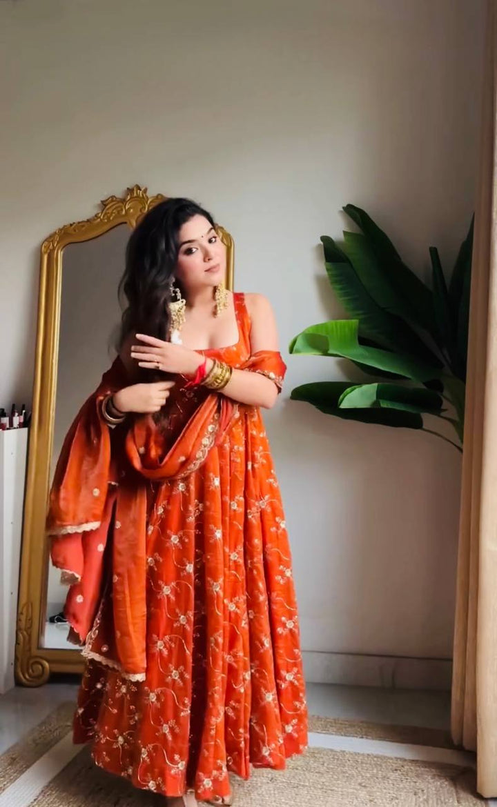 Burnt Orange Floral Embroidered Anarkali Gown Set with Dupatta