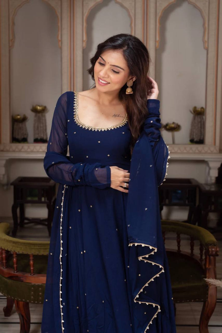 Midnight Blue Embellished Anarkali Gown for Women