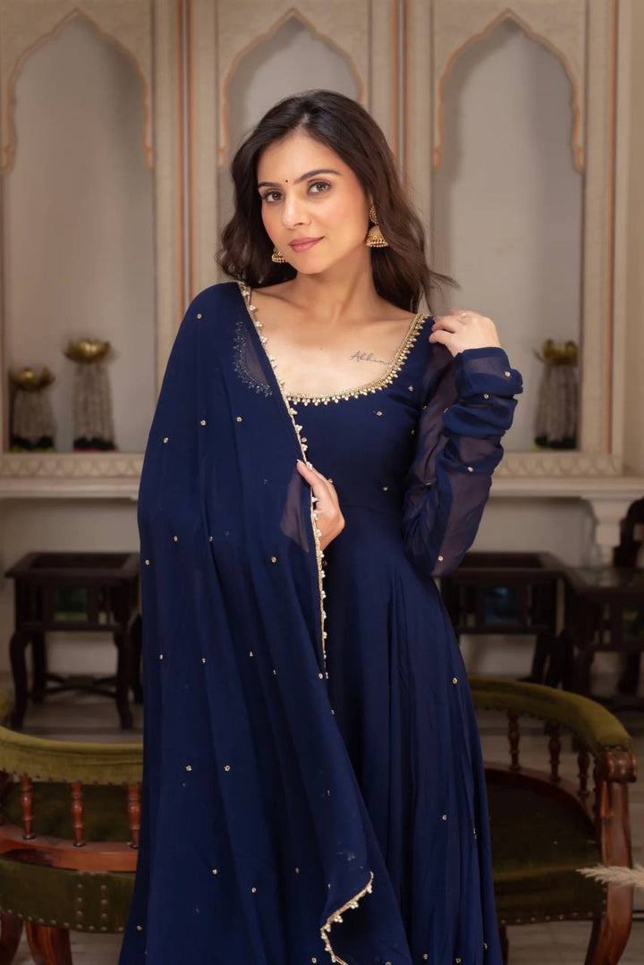 Midnight Blue Embellished Anarkali Gown for Women
