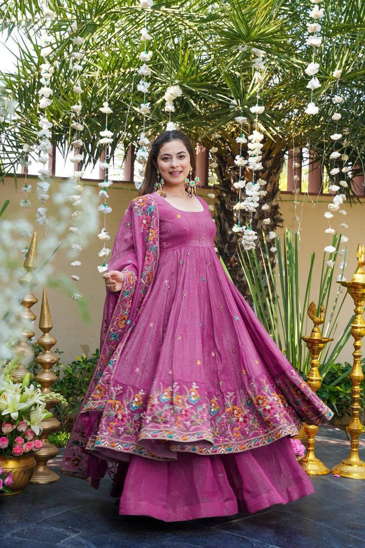 Women's Pink Floral Embroidered Anarkali Gown Set with Dupatta