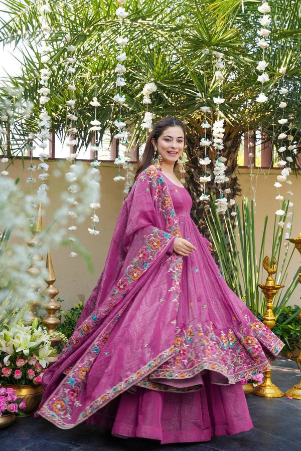 Women's Pink Floral Embroidered Anarkali Gown Set with Dupatta