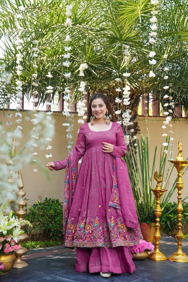 Women's Pink Floral Embroidered Anarkali Gown Set with Dupatta