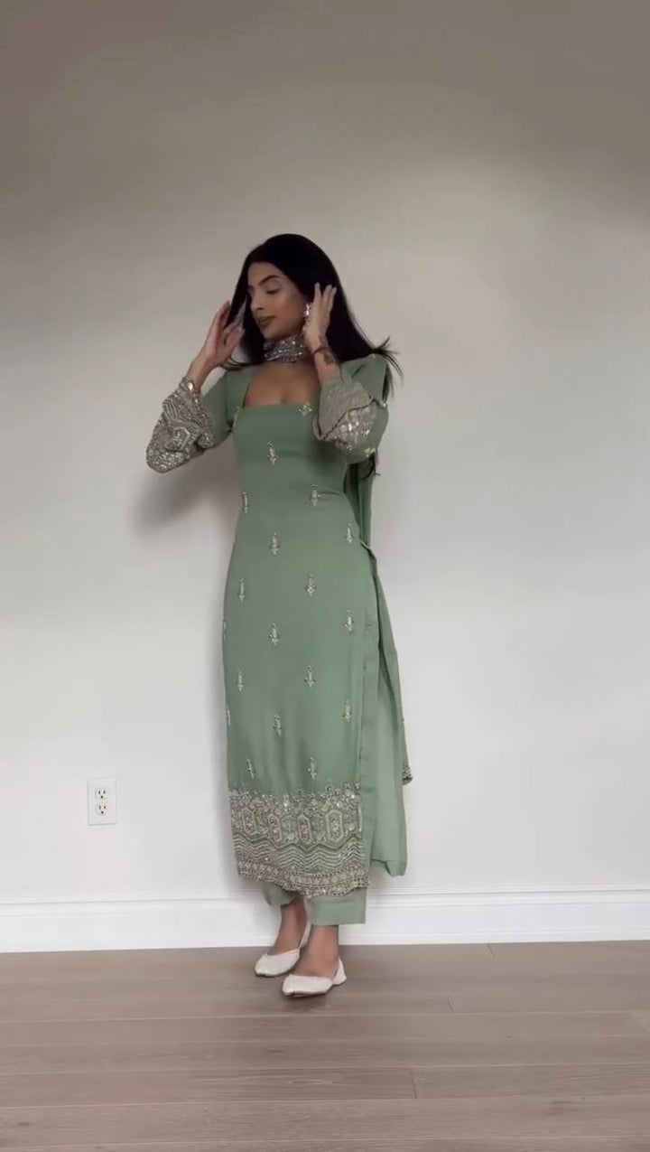 Women's Sage Green Embroidered Straight Kurta Set