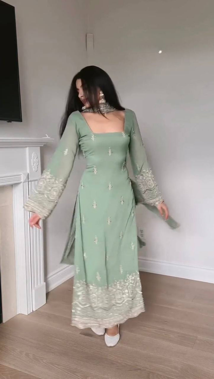 Women's Sage Green Embroidered Straight Kurta Set