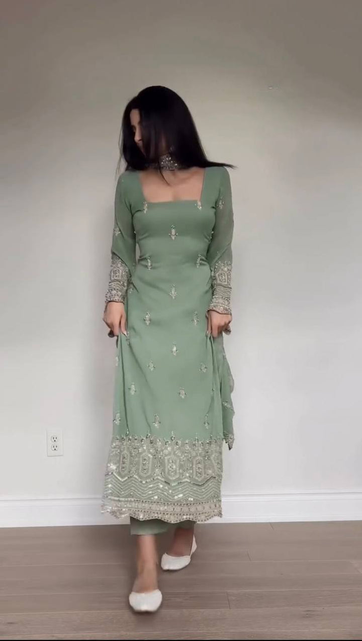 Women's Sage Green Embroidered Straight Kurta Set