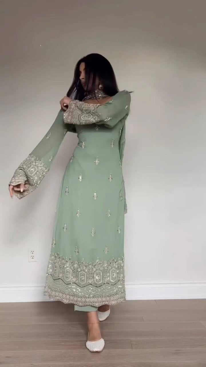 Women's Sage Green Embroidered Straight Kurta Set
