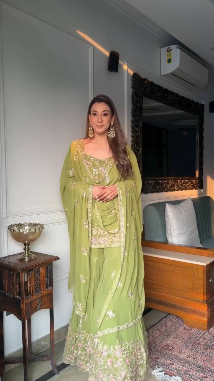 Women's Pistachio Green Embroidered Saree with Designer Blouse