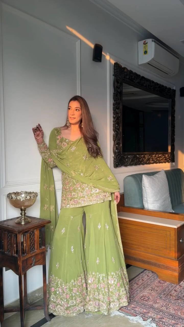 Women's Pistachio Green Embroidered Saree with Designer Blouse