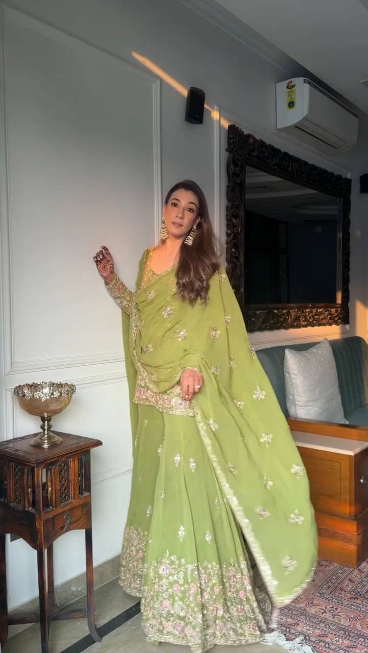 Women's Pistachio Green Embroidered Saree with Designer Blouse