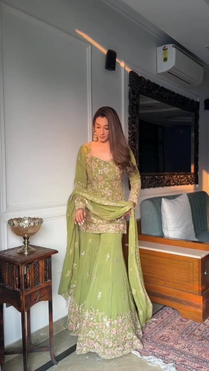 Women's Pistachio Green Embroidered Saree with Designer Blouse