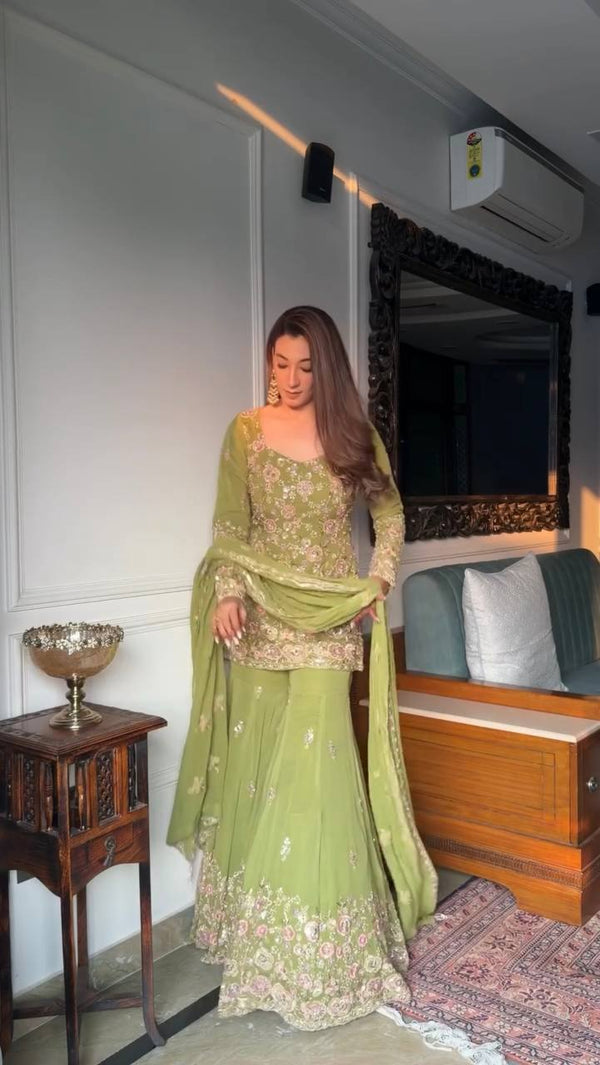 Women's Pistachio Green Embroidered Saree with Designer Blouse