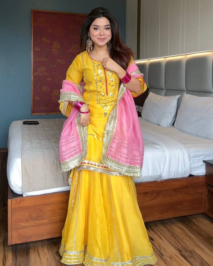 Women's Yellow Embroidered Kurta Sharara Set with Pink Dupatta