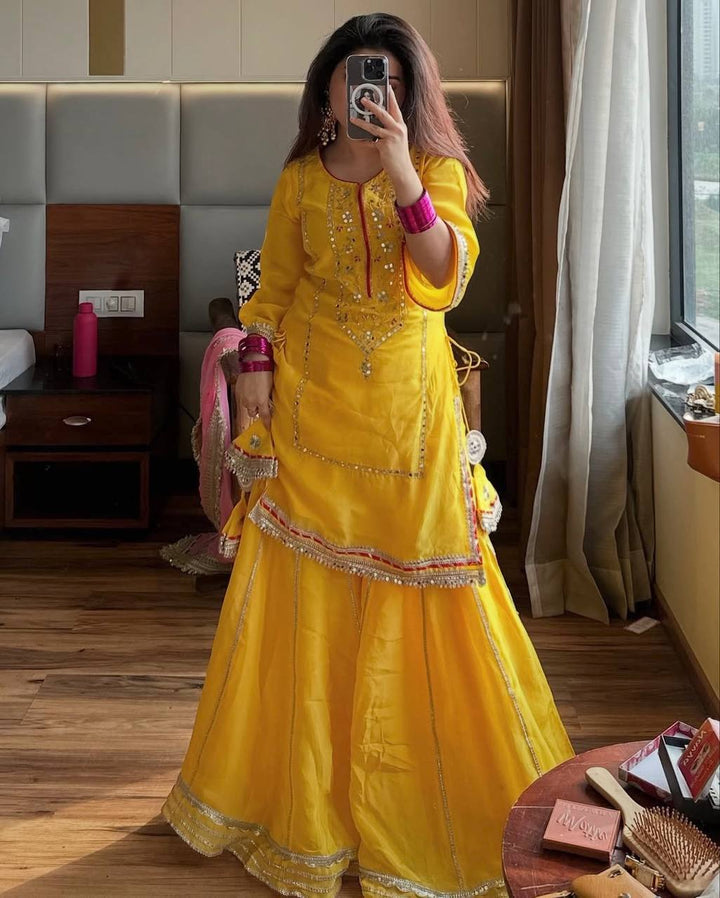 Women's Yellow Embroidered Kurta Sharara Set with Pink Dupatta