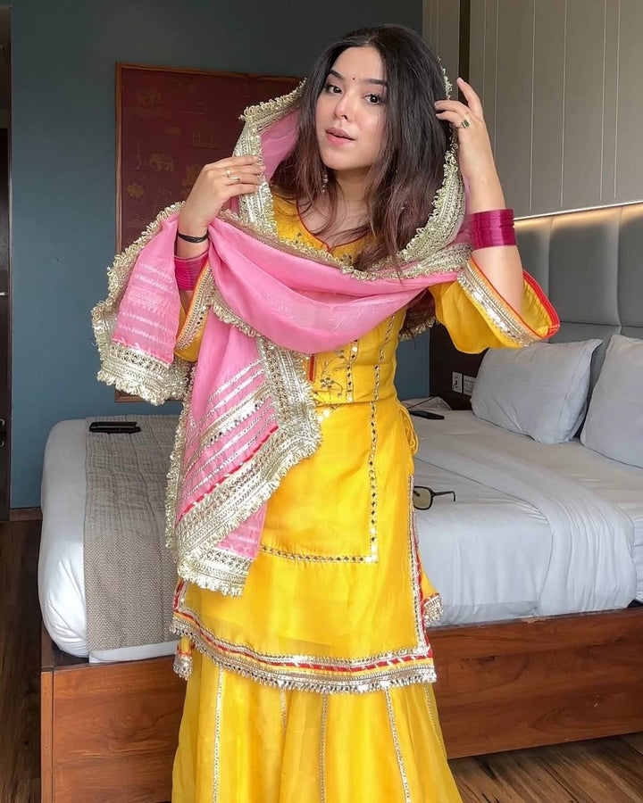 Women's Yellow Embroidered Kurta Sharara Set with Pink Dupatta