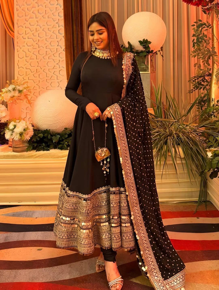 Women's Black Embroidered Anarkali Suit Set with Dupatta