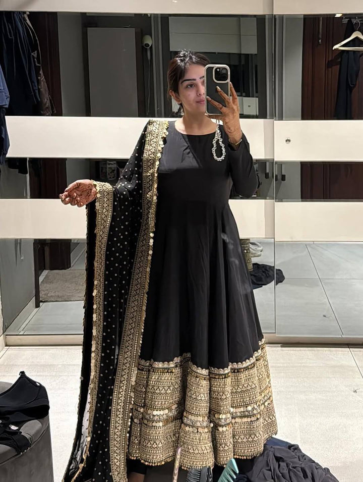 Women's Black Embroidered Anarkali Suit Set with Dupatta