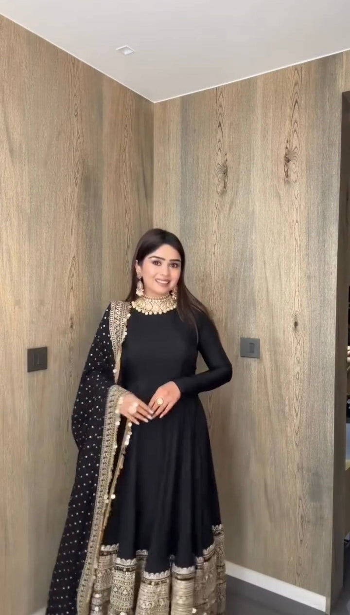 Women's Black Embroidered Anarkali Suit Set with Dupatta