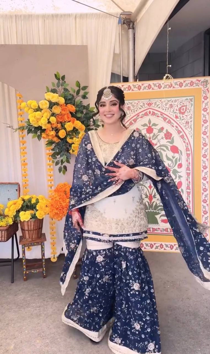 Women's Navy Blue Floral Printed Sharara Suit Set with Dupatta