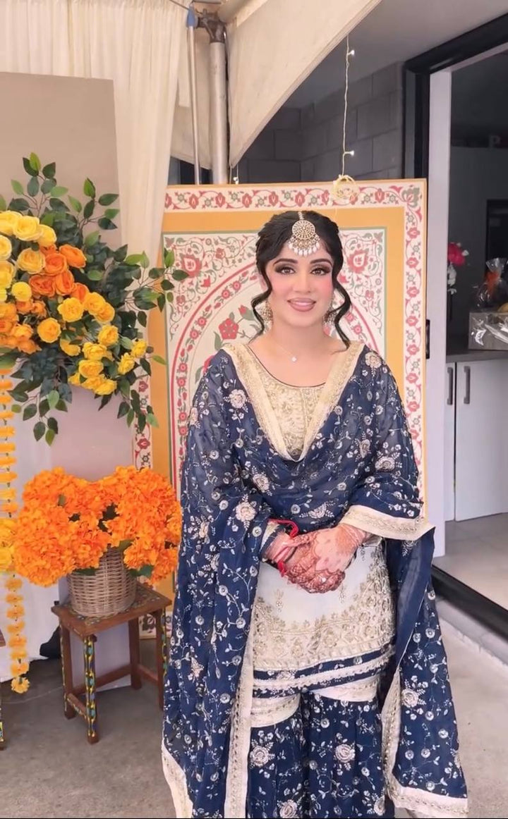 Women's Navy Blue Floral Printed Sharara Suit Set with Dupatta