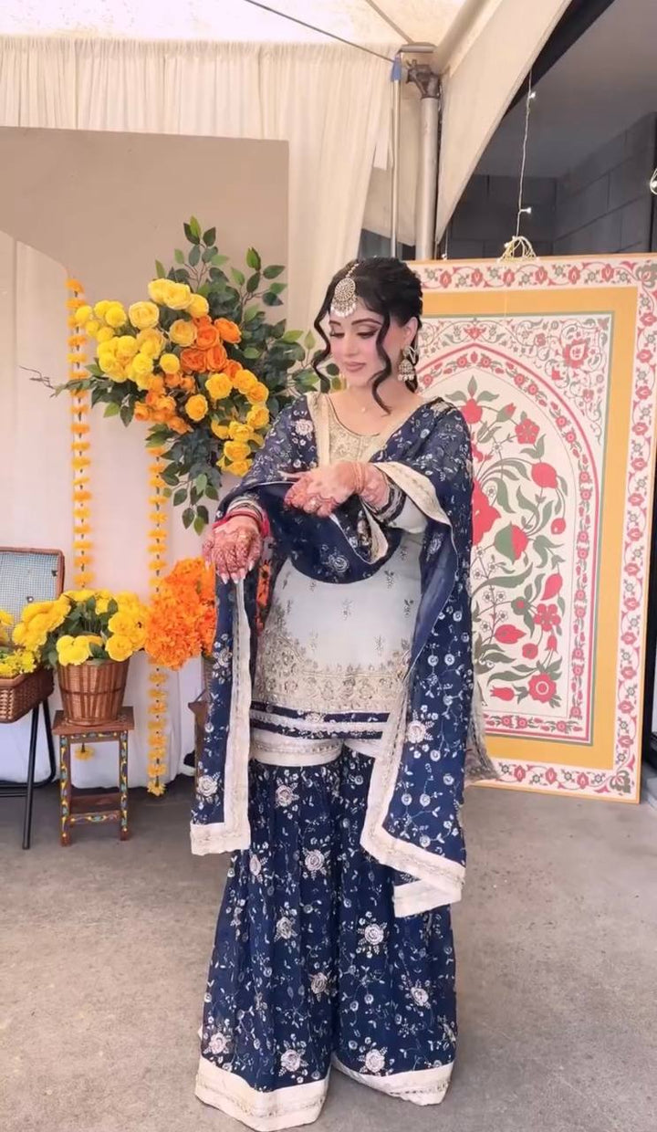 Women's Navy Blue Floral Printed Sharara Suit Set with Dupatta