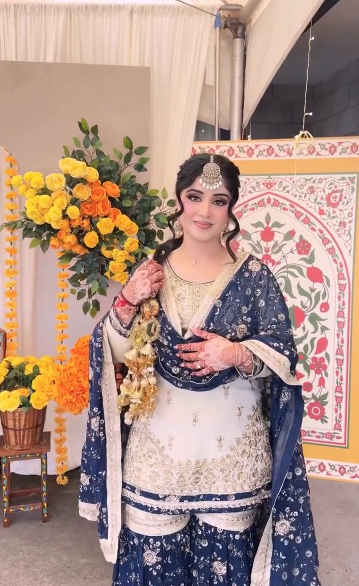 Women's Navy Blue Floral Printed Sharara Suit Set with Dupatta