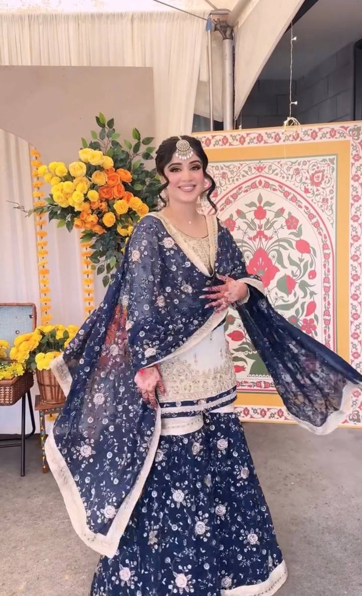Women's Navy Blue Floral Printed Sharara Suit Set with Dupatta