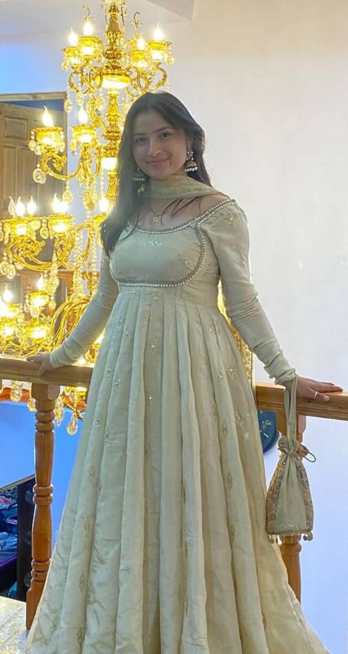 Women's Ivory Beige Embroidered Anarkali Suit Set with Dupatta