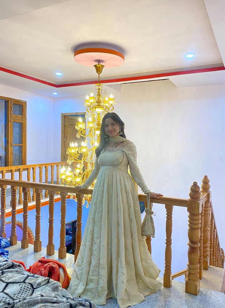 Women's Ivory Beige Embroidered Anarkali Suit Set with Dupatta
