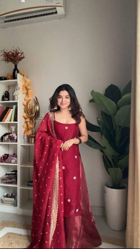 Women's Wine Red Embroidered Anarkali Suit Set with Dupatta