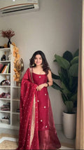 Women's Wine Red Embroidered Anarkali Suit Set with Dupatta